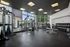 Modern fitness center with state-of-the-art equipment, large windows for natural light, and a vibrant city view.