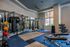 Contemporary apartment gym with modern equipment, free weights, and vibrant exercise balls, offering a well-lit and spacious workout area.