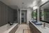 Elegant modern bathroom with stylish double sinks, luxurious bathtub, and contemporary glass shower. Inviting and spacious with ample natural lighting.