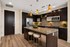 Modern kitchen with sleek dark cabinetry, granite countertops, stainless steel appliances, and elegant pendant lighting.