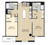 Modern floor plan featuring two bedrooms with desks, a spacious dining area, two bathrooms, and a private balcony.