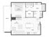 Contemporary floor plan featuring a spacious bedroom, open-concept living and dining area, modern kitchen, and relaxing balcony.