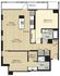 Modern apartment floor plan featuring 2 bedrooms, open kitchen with island, spacious living and dining area, and balcony access.