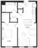 Chic floor plan depicting a spacious one-bedroom apartment with a modern bathroom, open-concept kitchen and living area, and dining space. Ideal for stylish urban living.