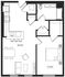 Contemporary floor plan showcasing a spacious 1-bedroom, 1-bathroom layout with an open-concept kitchen, cozy living room, and elegant dining area.