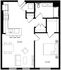 Modern floor plan showcasing a spacious layout with one bedroom, a large open-concept living and dining area, and a stylish kitchen with an island.