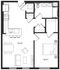 Modern 2D floor plan featuring 1 bedroom, open-concept living and dining area, stylish kitchen with island, and spacious bathroom layout.
