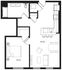 Modern floor plan showcasing a spacious one-bedroom apartment with a large living room, stylish open kitchen with island seating, and a well-appointed bathroom.