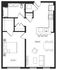 Modern floor plan featuring a spacious 1-bedroom layout with a large 17'x11' bedroom, stylish open-concept living and dining area, and a contemporary kitchen with an island.
