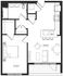 Modern floor plan showcasing a spacious one-bedroom apartment with an open-concept living area, sleek kitchen with island, and a full bathroom. Ideal for comfortable urban living.