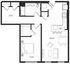 Modern floor plan featuring one spacious bedroom, a pristine bathroom with dual sinks, and an open-concept living area with kitchen and dining space.