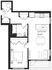Modern 2D floor plan featuring a spacious 1-bedroom apartment with an open-concept kitchen and living area, stylish entryway, and a well-appointed bathroom.