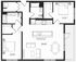 Modern apartment floor plan featuring 2 spacious bedrooms, an open-concept living and dining area, a sleek kitchen with an island, and a well-appointed bathroom.