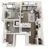 Modern 1-bedroom apartment floor plan featuring an open-concept living area, stylish kitchen, and private balcony, covering 727 sq ft.