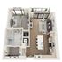 Contemporary 1-bedroom floor plan showcasing a spacious open-concept living and kitchen area, modern bathroom, and cozy bedroom in a stylish 930 sq ft space.
