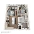 Chic floor plan showcasing a cozy 1-bedroom apartment with open-concept living and kitchen area, modern bathroom, and private balcony. Featuring 737 sq ft, ideal for urban living.