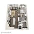 Modern floor plan of a spacious 1-bedroom apartment featuring a cozy living area, sleek kitchen with island seating, stylish bathroom, and a private balcony.