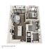 Chic 3D floor plan of a modern one-bedroom apartment featuring an open-concept living area, elegant kitchen with island, spacious bedroom, and a private balcony. High-end finishes and abundant natural light enhance the stylish design in 780 square feet.