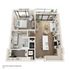 Contemporary 3D floor plan showcasing a cozy 1-bedroom apartment with open kitchen, inviting living area, and modern bathroom, 812 sq ft.
