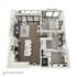 Modern 3D floor plan showcasing a chic 1-bedroom apartment with an open-concept living area, stylish kitchen, and spacious bathroom. Features include a large balcony, in-unit washer/dryer, and ample closet space, all within 824 sq ft.