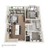 Modern 3D floor plan of a stylish apartment featuring one bedroom, one bathroom, a spacious open-plan living room and kitchen area, and a cozy balcony. Total area 820 sq ft.