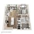 Modern 1-bedroom apartment floor plan featuring open-concept living area, stylish kitchen with island, spacious bedroom, sleek bathroom, and private balcony. Total area: 817 sq ft.