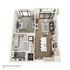 Modern 3D floor plan of a stylish apartment featuring a spacious bedroom, elegant living room with balcony, and a sleek kitchen. Includes a bathroom and laundry area, covering 877 square feet.