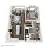 Chic 1-bedroom floor plan with an open-concept living room, modern kitchen, and elegant bathroom in 870 sq ft layout.