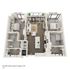 Modern 3D floor plan showcasing 2 bedrooms, stylish open-concept living area, and sleek kitchen in Amber Square, 1276 sq ft.