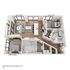 Modern 3D floor plan showcasing a spacious 2-bedroom apartment with an open-concept living and dining area, sleek kitchen, and elegant finishings. Ideal urban living space with ample natural light, B7B Amber, 1471 sq ft.