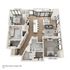 Modern 3D floor plan showcasing 2 spacious bedrooms, elegant open-concept living and dining area, sleek kitchen with island, and expansive windows, 1465 square feet.