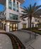 Stylish apartment building exterior with large windows and vibrant palm tree, surrounded by neatly arranged flower beds.