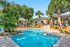 Idyllic outdoor pool area surrounded by lush palm trees and modern terrace, perfect for relaxation and leisure.