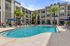 Outdoor pool in the daytime surrounded by poolside chairs, large umbrellas and palm trees
