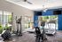 Modern fitness center with treadmills, elliptical, and stationery bike, featuring large windows and blue accent walls.