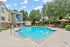 Inviting apartment complex pool area with comfortable lounge chairs and vibrant umbrellas, surrounded by lush greenery and modern architecture under a clear blue sky.