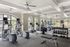 Spacious and modern apartment gym with cardio machines, free weights, and mirrored walls.