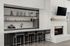 Chic modern kitchen with sleek black and white design, featuring a stylish breakfast bar, open shelves, and a cozy fireplace.