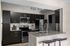 Modern kitchen with sleek black cabinets, stainless steel appliances, and elegant granite countertops, enhanced by designer lighting and a stylish backsplash.