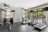 Bright and modern fitness center with state-of-the-art exercise equipment, including treadmills, stationary bike, and weight machine, overlooking a lush outdoor view through large windows.