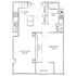 Modern floor plan with 1 bedroom, spacious living room, and a sleek kitchen with an island, featuring a private balcony.