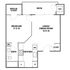 Elegant floor plan featuring a spacious 1-bedroom with walk-in closet, combined living and dining area, modern kitchen, and a private deck.