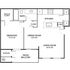 Charming floor plan featuring 1 bedroom with walk-in closet, spacious living room, dining area, kitchen, and a cozy patio/balcony.