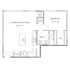 Modern open-concept floor plan featuring a spacious living/dining/kitchen area, one bedroom with walk-in closet, and a stylish bathroom.