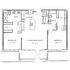 Inviting apartment floor plan featuring 2 bedrooms, 2 bathrooms, a modern kitchen, and a spacious living/dining area.