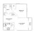 Elegant floor plan showcasing a spacious bedroom, modern kitchen, dining area, cozy living room, and a charming patio.