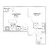 Chic floor plan showcasing a spacious 1-bedroom layout with a large living/dining area, modern kitchen, and a private balcony.