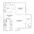 Chic floor plan showcasing a spacious 1-bedroom layout with open living and dining area, modern kitchen, and private patio.