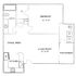 Charming floor plan with a spacious bedroom, cozy living room, modern kitchen, dining area, bath, and patio/deck.