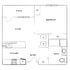 Modern floor plan featuring 1 bedroom, open living area with patio access, and a well-equipped kitchen.